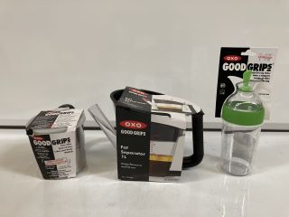 BOX OF ASSORTED GOODS TO INCLUDE OXO FAT SEPARATOR 1L, TO ALSO INCLUDE OXO SALAD DRESSING SHAKER