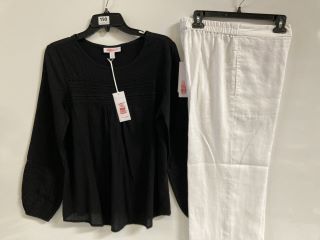 1 X THE WHITE COMPANY LACE INSERT BOHO TOP BLACK SIZE 8, TO ALSO INCLUDE THE WHITE COMPANY WIDE LEG CROPPED LINEN TROUSER WHITE SIZE 8 TOTAL RRP £165