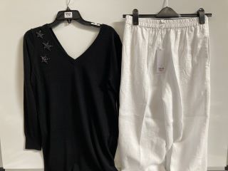 1 X THE WHITE COMPANY ORGANIC COTTON WOOL EMBELLISHED KNIT DRESS BLACK SIZE 10, TO ALSO INCLUDE THE WHITE COMPANY WIDE LEG CROPPED LINEN TROUSERS WHITE SIZE 10 TOTAL RRP £227