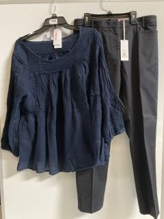 1 X THE WHITE COMPANY LINEN GAUZE PINTUCK BLOUSE NAVY SIZE 14, TO ALSO INCLUDE THE WHITE COMPANY ORGANIC COTTON SLIM LEG TROUSERS SIZE 12 TOTAL RRP £187