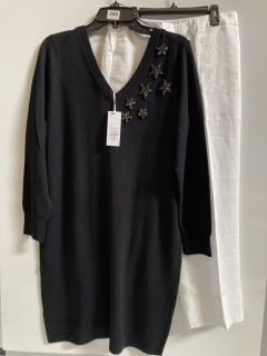 1 X THE WHITE COMPANY ORGANIC COTTON WOOL EMBELLISHED KNIT DRESS BLACK SIZE 14, TO ALSO INCLUDE THE WHITE COMPANY WIDE LEG CROPPED LINEN TROUSERS WHITE SIZE 10 TOTAL RRP £227