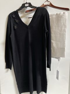 1 X THE WHITE COMPANY ORGANIC COTTON WOOL EMBELLISHED KNIT DRESS BLACK SIZE 14, TO ALSO INCLUDE THE WHITE COMPANY WIDE LEG CROPPED LINEN TROUSERS WHITE SIZE 10 TOTAL RRP £227