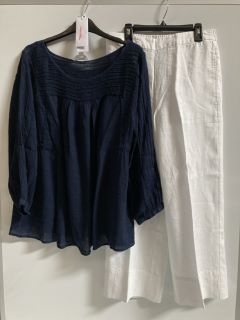 1 X THE WHITE COMPANY LINEN GAUZE PINTUCK BLOUSE NAVY SIZE 10, TO ALSO INCLUDE THE WHITE COMPANY WIDE LEG CROPPED LINEN TROUSERS WHITE SIZE 8 TOTAL RRP £196