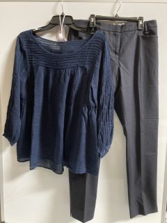 1 X THE WHITE COMPANY LINEN GAUZE PINTUCK BLOUSE NAVY SIZE 10, TO ALSO INCLUDE THE WHITE COMPANY ORGANIC SLIM LEG TROUSERS SIZE 12 TOTAL RRP £187