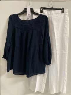 1 X THE WHITE COMPANY LINEN GAUZE PINTUCK BLOUSE NAVY SIZE 6, TO ALSO INCLUDE THE WHITE COMPANY WIDE LEG CROPPED LINEN TROUSERS WHITE SIZE 10 TOTAL RRP £196