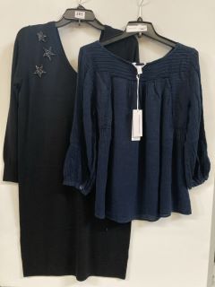 1 X THE WHITE COMPANY ORGANIC COTTON WOOL EMBELLISHED KNIT DRESS BLACK SIZE 8, TO ALSO INCLUDE THE WHITE COMPANY LINEN GAUZE PINTUCK BLOUSE NAVY SIZE 6 TOTAL RRP £227