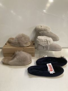 QTY OF ASSORTED THE WHITE COMPANY ITEMS TO INCLUDE SUEDE BOOT SLIPPER SIZE 4 IN PALE GREY & SHEPHERD OF SWEDEN TESSAN-HONEY SHEEPSKIN SLIPPERS SIZE 6 TOTAL RRP £233