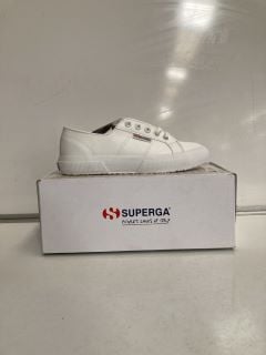 1 X PAIR OF WHITE COMPANY VELVET EVENING MUKES, BLACK, SIZE 37 TO INCLUDE A PAIR OF SUPERGA WHITE TRAINERS, SIZE 37 TOTAL RRP £165