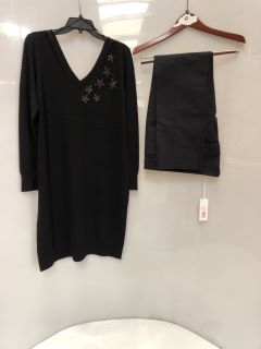 1 X THE WHITE COMPANY ORGANIC COTTON WOOL EMBELLISHED KNIT DRESS BLACK SIZE 14, TO ALSO INCLUDE THE WHITE COMPANY ORGANIC COTTON SLIM LEG TROUSERS NAVY SIZE 12 TOTAL RRP £218