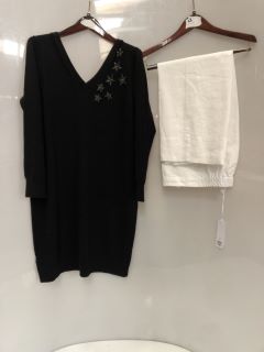 1 X THE WHITE COMPANY ORGANIC COTTON WOOL EMBELLISHED KNIT DRESS BLACK SIZE 14, TO ALSO INCLUDE THE WHITE COMPANY WIDE LEG CROPPED LINEN TROUSER WHITE SIZE 10 TOTAL RRP £227