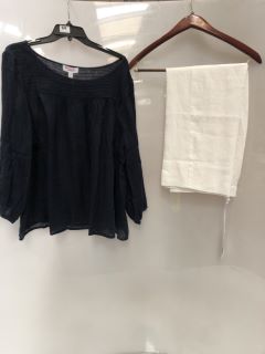 1 X THE WHITE COMPANY LINEN GAUZE PINTUCK BLOUSE NAVY SIZE 16, TO ALSO INCLUDE THE WHITE COMPANY WIDE LEG CROPPED LINEN TROUSER WHITE SIZE 6 TOTAL RRP £196