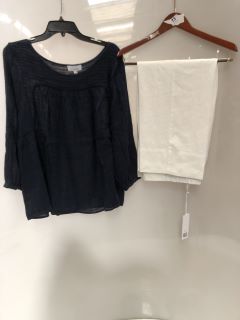 1 X THE WHITE COMPANY LINEN GAUZE PINTUCK BLOUSE NAVY SIZE 14, TO ALSO INCLUDE THE WHITE COMPANY WIDE LEG CROPPED LINEN TROUSER WHITE SIZE 10 TOTAL RRP £196