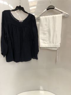 1 X THE WHITE COMPANY LINEN GAUZE PINTUCK BLOUSE NAVY SIZE 14, TO ALSO INCLUDE THE WHITE COMPANY WIDE LEG CROPPED LINEN TROUSER WHITE SIZE 10 TOTAL RRP £196