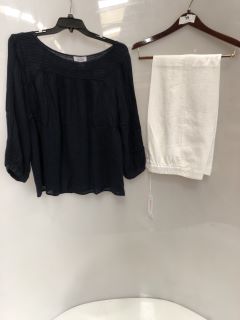 1 X THE WHITE COMPANY WIDE LEG CROPPED LINEN TROUSER WHITE SIZE 8, TO ALSO INCLUDE THE WHITE COMPANY LINEN GAUZE PINTUCK BLOUSE NAVY SIZE 16 TOTAL RRP £196