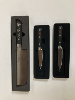 2 X WUSTHOF CLASSIC PARING KNIFE, TO ALSO INCLUDE I.O SHEN 6 1/2" BROAD BLADE VEGETABLE KNIFE (18+ ID MAYBE REQUIRED)