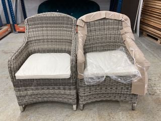 PAIR OF JOHN LEWIS WICKER GARDEN ARMCHAIRS WITH CUSHIONS