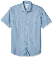 QTY OF ITEMS TO INLCUDE BOX OF APPROX 30 X ASSORTED CLOTHES TO INCLUDE ESSENTIALS MEN'S REGULAR-FIT SHORT-SLEEVE POPLIN SHIRT, MEDIUM BLUE, M, ESSENTIALS MEN'S SHORT-SLEEVE CHAMBRAY SHIRT, DARK GREY,