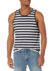 QTY OF ITEMS TO INLCUDE BOX OF APPROX 30 X ASSORTED ITEMS TO INCLUDE ESSENTIALS MEN'S REGULAR-FIT VEST, BLACK WHITE HORIZONTAL STRIPES, L, ESSENTIALS MEN'S SKINNY-FIT CASUAL STRETCH CHINO TROUSER, WA