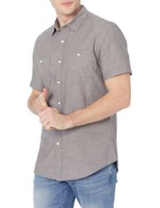 QTY OF ITEMS TO INLCUDE 30 X ESSENTIALS MEN'S SHORT-SLEEVE CHAMBRAY SHIRT, DARK GREY, L, ESSENTIALS MEN'S SHORT-SLEEVE STAIN AND WRINKLE-RESISTANT WORK SHIRT, KHAKI BROWN, XL.