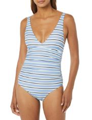 QTY OF ITEMS TO INLCUDE BOX OF APPROX 30 X ASSORTED CLOTHES TO INCLUDE ESSENTIALS WOMEN'S PLUNGE TUMMY CONTROL SHAPING SWIMSUIT, BLUE HORIZONTAL STRIPES, 14, ESSENTIALS WOMEN'S FLANNEL SLEEP TROUSERS