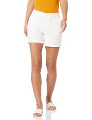 QTY OF ITEMS TO INLCUDE BOX OF APPROX 30 X ASSORTED CLOTHES TO INCLUDE ESSENTIALS WOMEN'S MID-RISE SLIM-FIT 5-INCH INSEAM CHINO SHORTS (AVAILABLE IN STRAIGHT AND CURVY FITS), WHITE, 12-14, ESSENTIALS