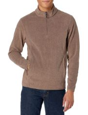 QTY OF ITEMS TO INLCUDE BOX OF APPROX 15 X ASSORTED CLOTHES TO INCLUDE ESSENTIALS MEN'S QUARTER-ZIP POLAR FLEECE JACKET, BROWN HEATHER, XS, ESSENTIALS MEN'S FLEECE CREW NECK SWEATSHIRT (AVAILABLE IN