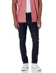 QTY OF ITEMS TO INLCUDE BOX OF APPROX 30 X ASSORTED JEANS AND TROUSERS TO INCLUDE ESSENTIALS MEN'S SKINNY-FIT COMFORT STRETCH JEAN (PREVIOUSLY GOODTHREADS), DARK DENIM, 32W / 34L, ESSENTIALS MEN'S SL