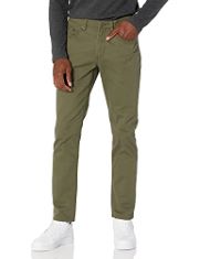 QTY OF ITEMS TO INLCUDE BOX OF APPROX 30 X ASSORTED CLOTHES TO INCLUDE ESSENTIALS MEN'S SLIM-FIT 5-POCKET STRETCH TWILL TROUSERS, OLIVE, 36W / 30L, ESSENTIALS MEN'S CLASSIC-FIT STRETCH GOLF TROUSERS