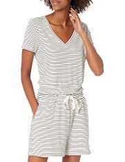 QTY OF ITEMS TO INLCUDE BOX OF APPROX 30 X ASSORTED CLOTHES TO INCLUDE ESSENTIALS WOMEN'S SUPERSOFT TERRY SHORT-SLEEVE V-NECK ROMPER (PREVIOUSLY DAILY RITUAL), BLACK WHITE THIN STRIPE, L, ESSENTIALS