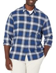 QTY OF ITEMS TO INLCUDE BOX OF APPROX 30 X ASSORTED CLOTHES TO INCLUDE ESSENTIALS MEN'S SLIM-FIT LONG-SLEEVED PLAID FLANNEL SHIRT (LIMITED EDITION COLOURS) - DISCONTINUED COLOURS, BLUE WHITE PLAID, S