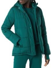 QTY OF ITEMS TO INLCUDE BOX OF APPROX 11 X ASSORTED JACKETS TO INCLUDE ESSENTIALS WOMEN'S HEAVYWEIGHT LONG-SLEEVE HOODED PUFFER COAT (AVAILABLE IN PLUS SIZE), DARK GREEN, 5XL PLUS, ESSENTIALS WOMEN'S