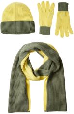 12 X ESSENTIALS UNISEX ADULTS' KNIT HAT, SCARF AND GLOVES SET, PACK OF 3, LIGHT MILITARY GREEN/LIGHT YELLOW, ONE SIZE.