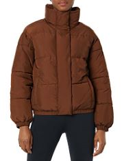 7 X ESSENTIALS WOMEN'S RELAXED FIT MOCK-NECK SHORT PUFFER JACKET (AVAILABLE IN PLUS SIZE) (PREVIOUSLY DAILY RITUAL), DEEP BROWN, L.