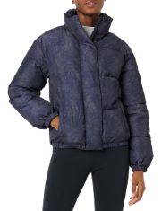 5 X ESSENTIALS WOMEN'S RELAXED FIT MOCK-NECK SHORT PUFFER JACKET (AVAILABLE IN PLUS SIZE) (PREVIOUSLY DAILY RITUAL), NAVY SPECKLED PRINT, L.