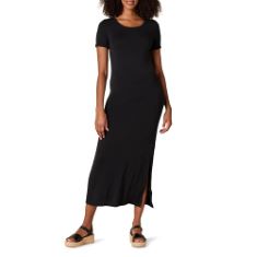 QTY OF ITEMS TO INLCUDE BOX OF APPROX 30 X ASSORTED CLOTHES TO INCLUDE ESSENTIALS WOMEN'S JERSEY STANDARD-FIT SHORT-SLEEVE CREWNECK SIDE SLIT MAXI DRESS (PREVIOUSLY DAILY RITUAL), BLACK, XL, ESSENTIA