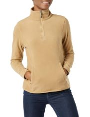 QTY OF ITEMS TO INLCUDE BOX OF APPROX 30 X ASSORTED CLOTHES TO INCLUDE ESSENTIALS WOMEN'S CLASSIC-FIT LONG-SLEEVE QUARTER-ZIP POLAR FLEECE PULLOVER JACKET (AVAILABLE IN PLUS SIZE), CAMEL, 4XL PLUS, E