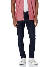 QTY OF ITEMS TO INLCUDE BOX OF APPROX 18 X ASSORTED JEANS TO INCLUDE ESSENTIALS MEN'S SKINNY-FIT COMFORT STRETCH JEAN (PREVIOUSLY GOODTHREADS), DARK DENIM, 33W / 34L, ESSENTIALS MEN'S SLIM-FIT JEANS,