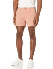 QTY OF ITEMS TO INLCUDE BOX OF APPROX 30 X ASSORTED CLOTHES TO INCLUDE ESSENTIALS MEN'S SLIM-FIT 5" FLAT-FRONT COMFORT STRETCH CHINO SHORT (PREVIOUSLY GOODTHREADS), LIGHT TAN, 28W, ESSENTIALS WOMEN'S