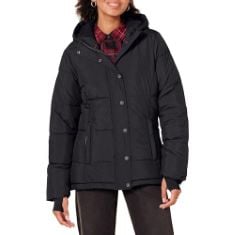 QTY OF ITEMS TO INLCUDE BOX OF APPROX 10 X ASSORTED JACKETS TO INCLUDE ESSENTIALS WOMEN'S HEAVYWEIGHT LONG-SLEEVE HOODED PUFFER COAT (AVAILABLE IN PLUS SIZE), BLACK, S, ESSENTIALS WOMEN'S CLASSIC-FIT