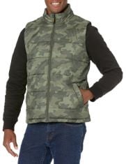 QTY OF ITEMS TO INLCUDE 30X ASSORTED CLOTHING TO INCLUDE ESSENTIALS MEN'S MIDWEIGHT PUFFER VEST, MILITARY GREEN CAMO, S, ESSENTIALS WOMEN'S CLASSIC-FIT SHORT-SLEEVE SCOOP NECK T-SHIRT (AVAILABLE IN P