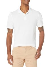 QTY OF ITEMS TO INLCUDE 30 X ASSORTED CLOTHES TO INCLUDE ESSENTIALS MEN'S SLIM-FIT COTTON PIQUE POLO SHIRT, WHITE, L, ESSENTIALS MEN'S 6" INSIDE LEG DRAWSTRING WALK SHORT, KHAKI BROWN, XL.