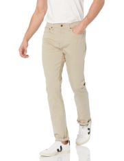 QTY OF ITEMS TO INLCUDE BOX OF APPROX 30 X ASSORTED CLOTHES TO INCLUDE ESSENTIALS MEN'S SLIM-FIT JEANS, LIGHT KHAKI BROWN, 34W / 28L, ESSENTIALS MEN'S STRAIGHT-FIT STRETCH GOLF TROUSERS, NAVY, 28W /