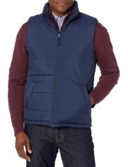 QTY OF ITEMS TO INLCUDE BOX OF APPROX 30 X ASSORTED CLOTHES TO INCLUDE ESSENTIALS MEN'S MIDWEIGHT PUFFER VEST, NAVY, XL, ESSENTIALS MEN'S 6" INSIDE LEG DRAWSTRING WALK SHORT, KHAKI BROWN, XL.