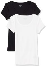 QTY OF ITEMS TO INLCUDE BOX OF APPROX 30 X ASSORTED CLOTHES TO INCLUDE ESSENTIALS WOMEN'S SLIM-FIT CAP-SLEEVE SCOOP NECK T-SHIRT, PACK OF 2, BLACK/WHITE, M, ESSENTIALS WOMEN'S FLUID TWILL SHORT PUFF