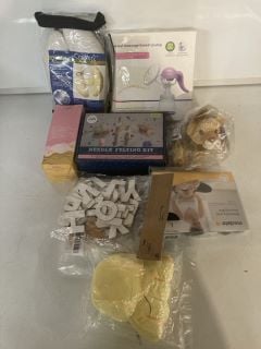1 BOX OF ASSORTED BABY ITEMS INCLUDING MANUAL MASSAGE BREAST PUMP