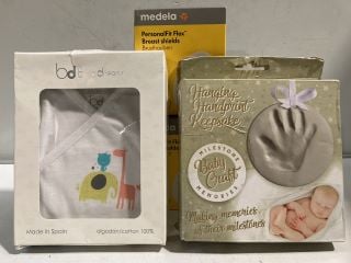 1 BOX OF ASSORTED BABY ITEMS INCLUDING MEDELA MATERNITY AND NURSING BRA
