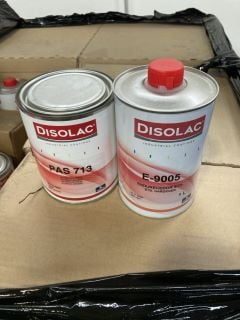 A PALLET OF DISOLAC INDUSTRIAL COATINGS 1 L PAS 514 RED VIOLET RRP £57.70 X 41, 1L PAS 515 VIOLET RRP £57.70 X 38, 1L PAS 604 MIXING BLACK TONER RRP £22.50 X 24, 3.5L PAS 711 FINE ALUMINIUM RRP £147.