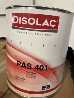 A PALLET OF DISOLAC INDUSTRIAL COATINGS INCLUDES PAS 401 HELIUM BLUE 3.5L AND PAS 506 HELIUM RED