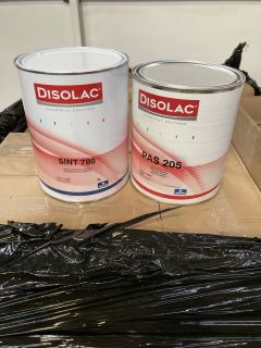 A PALLET OF DISOLAC INDUSTRIAL COATINGS INCLUDES SINT 780 SYNTHETIC BINDER AND PAS 205 ORANGE YELLOW 3.5L