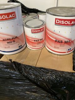 A PALLET OF DISOLAC INDUSTRIAL COATINGS TEXTURED BUMPER PAINT BLACK 1L RRP £37.99 X 2, 355 HS STANDARD HARDENER 3.5L RRP £79.99 X 1, PRYMALKYDE 7001 RED PRIMER 28KG RRP £299.99 X 9, PAS 102 MIXING WH